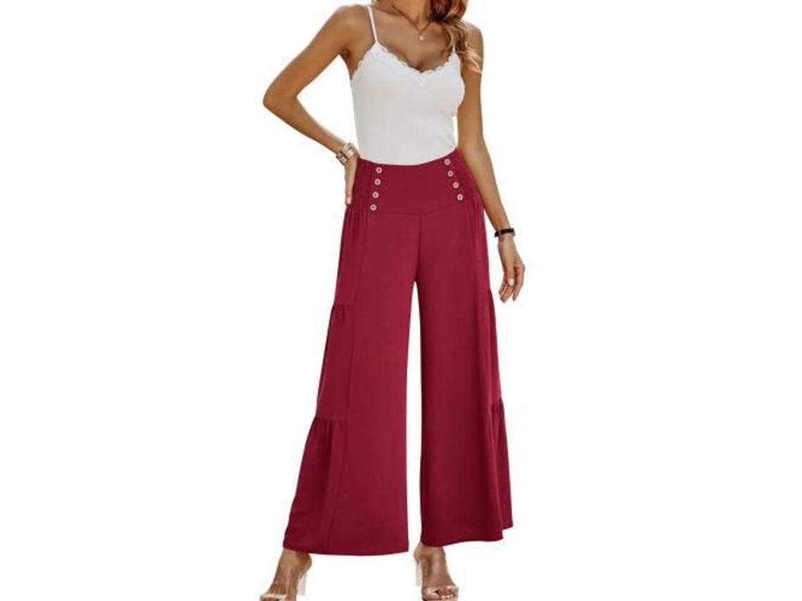 2026 pantalones Palazzo para Mulher de Perna Larga, Cintura Alta, Casual, Soltos com Babados L Vino Tinto