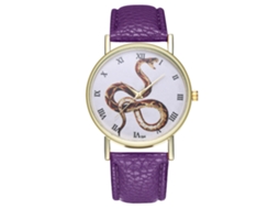 Relógio de pulso analógico de quartzo com design animal moderno e mostrador redondo roxo.