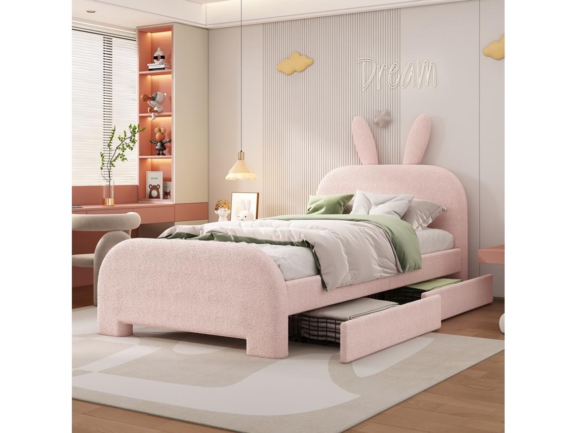 Cama Infantil 90x200 Coelho 2 Gavetas Rosa Estofada
