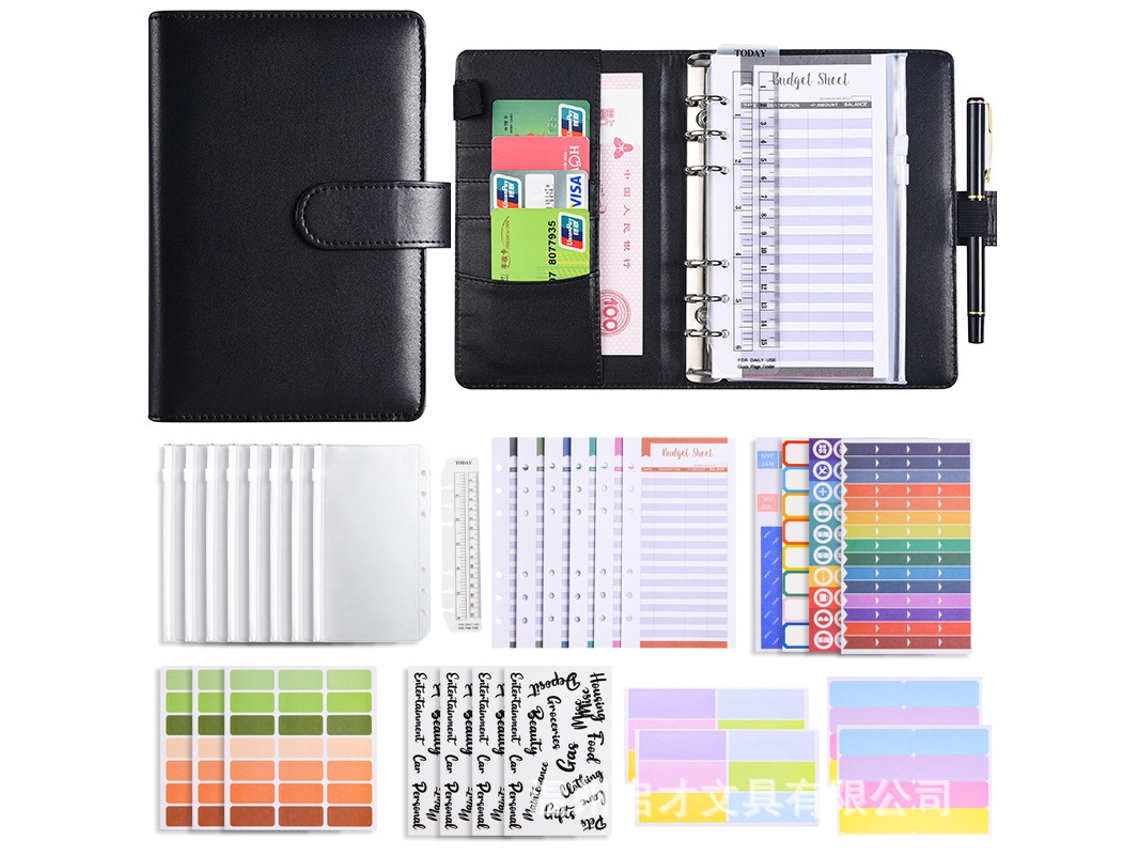 A6 Ring Binder Creative Journal With Zipper Pouch, Macaron Pu Leather Cash Budget Notebook Deluxe Gift Set Black With