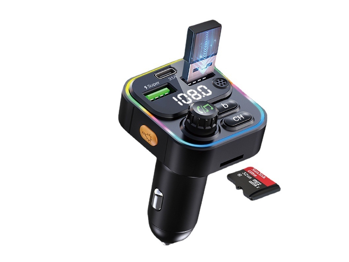 Transmissor Fm YIZHOOD C16 Bluetooth 5.0 Carregador Rápido de Áudio Viva-Voz para Carro Tipo C Preto