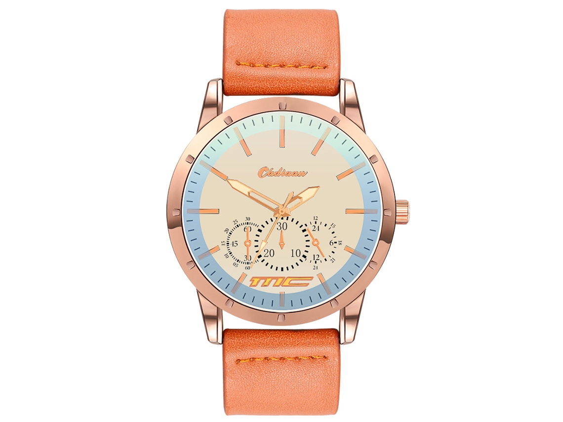 Relógio masculino de quartzo com pulseira de couro PU, mostrador moderno de três mostradores (marrom claro dourado rosê)