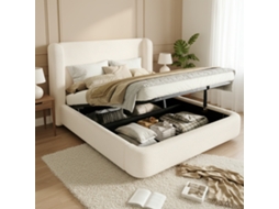 Cama Estofada 160x200 - Canapé Hidráulico E Estrado - Bege Bouclé