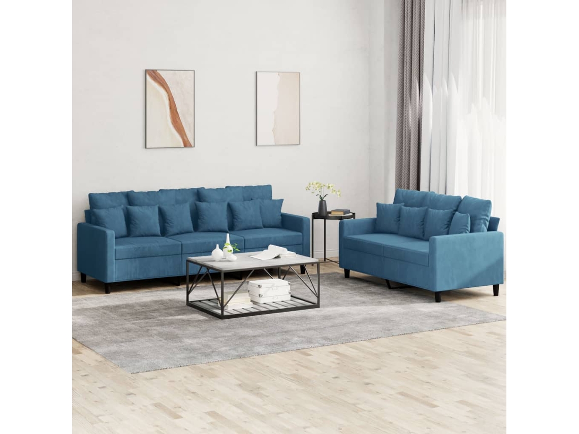Vidaxl 2 Pcs Conjunto De Sofás Com Almofadões Veludo Azul