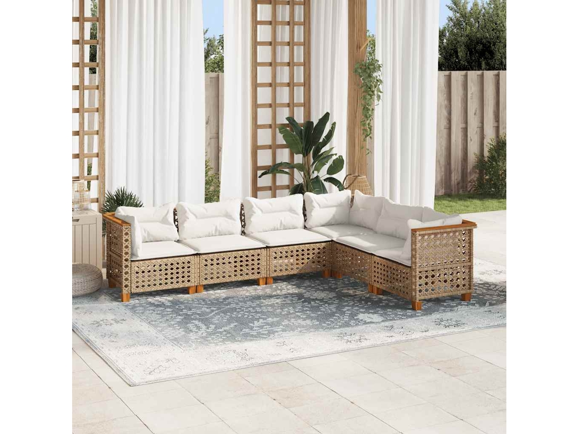 Vidaxl 6 Pcs Conjunto De Sofás P/ Jardim Com Almofadões Vime Pe Bege