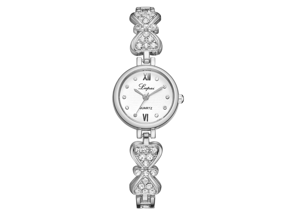 Relógio de Pulso Feminino de Liga com Strass Mostrador Redondo Relógio de Quartzo Prata Branco