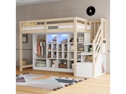 Cama Alta 90x200cm Madeira Com Gavetas Armário Led E Escada Lateral