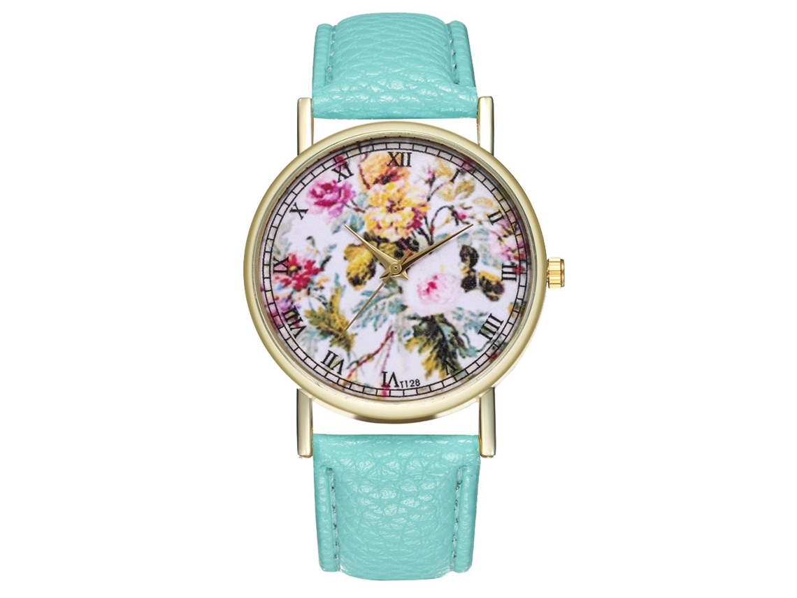 Relógio de Pulso Feminino de Quartzo com Pulseira de Couro Pu Esfera Redonda Simples (menta)