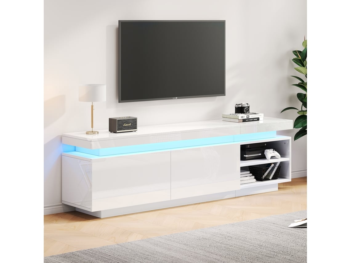 Móvel Para Tv Branco Brilhante Com Led, Armário De Arrumação, Para Tvs Até 70 Polegadas, Capacidade 50 Kg