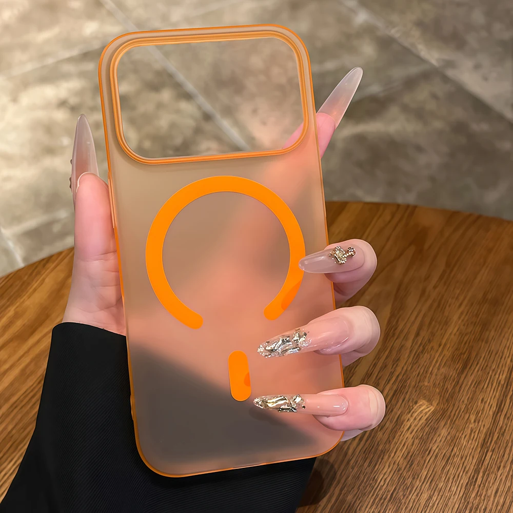 Capa Transparente Fosca Para Iphone (iphone 14 Pro Laranja), Compatível Com Fixação Magnética.