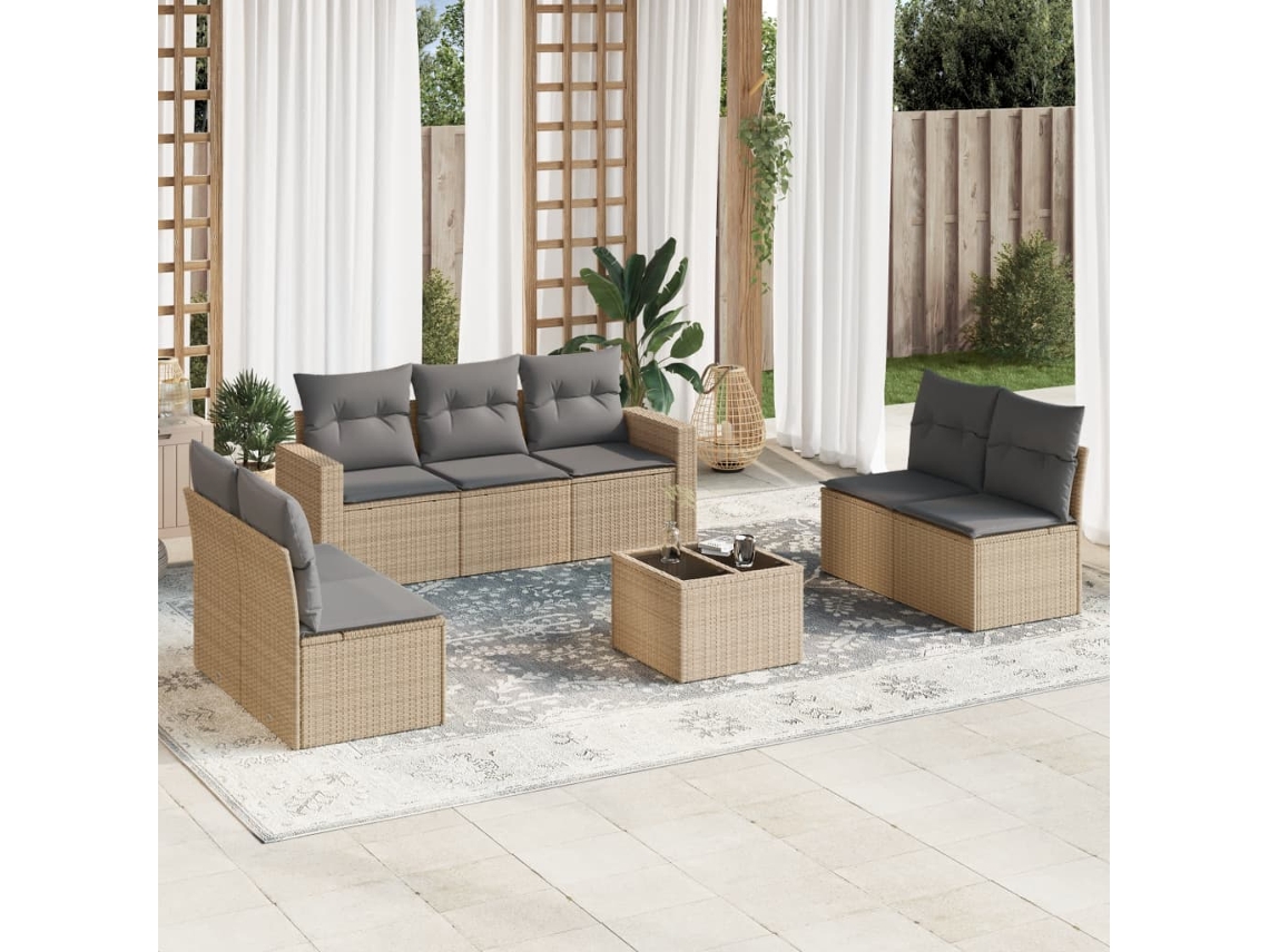 Vidaxl 8 Pcs Conjunto De Sofás P/ Jardim Com Almofadões Vime Pe Bege