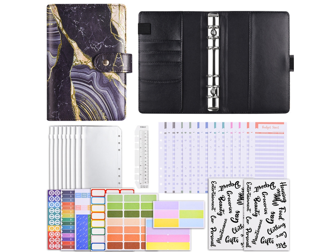 A6 Zipper Pouch Printed Binder Pu Leather Budget Planner Luxury Gift Set, Black Gold Includes 12-budget Cards + 8-zipper