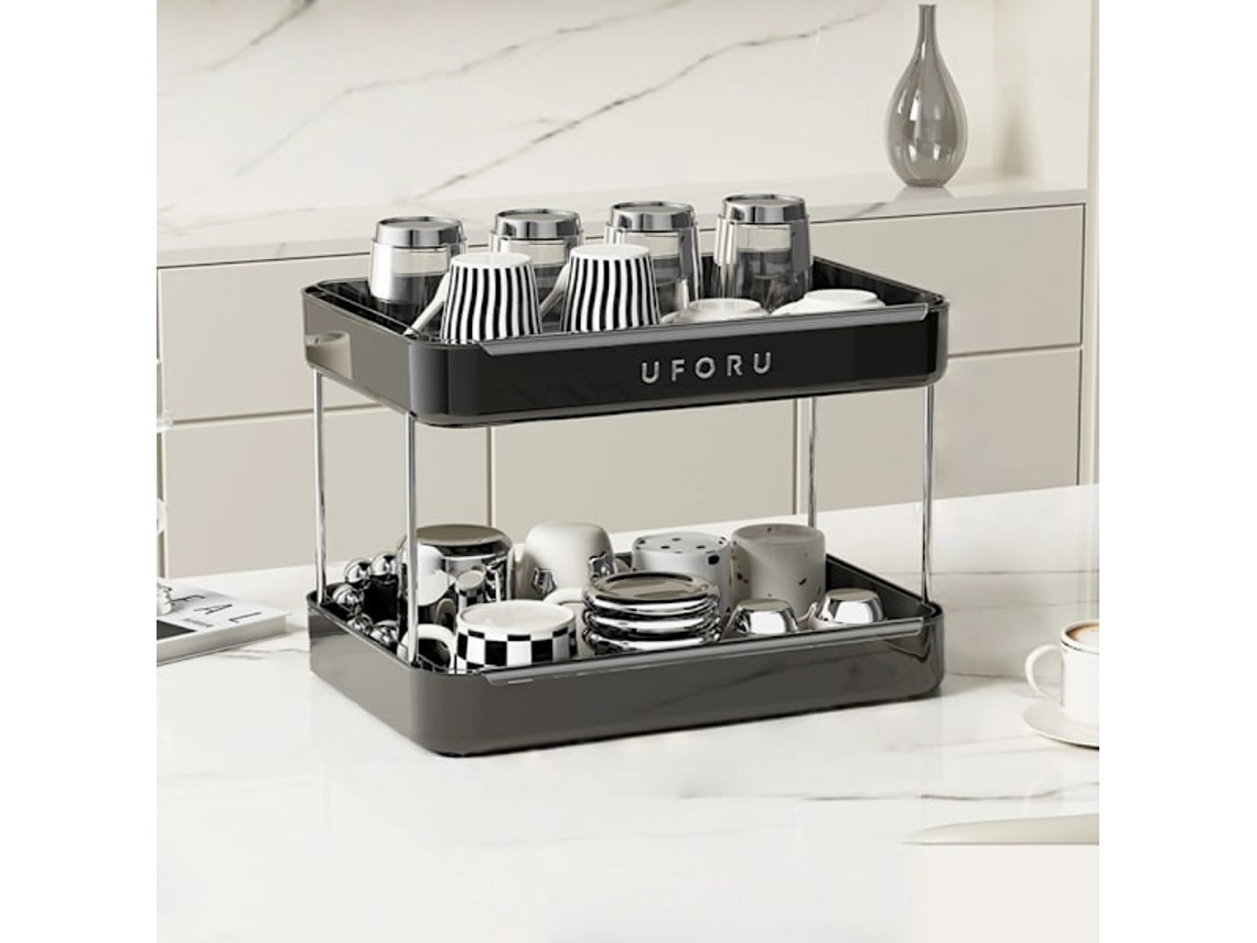 Suporte De Mesa Camada Dupla, Multifuncional Para Copos Com Bandeja Escorredora, Economiza Espaço Na Cozinha, Casa E Escritório, Preto Premium.