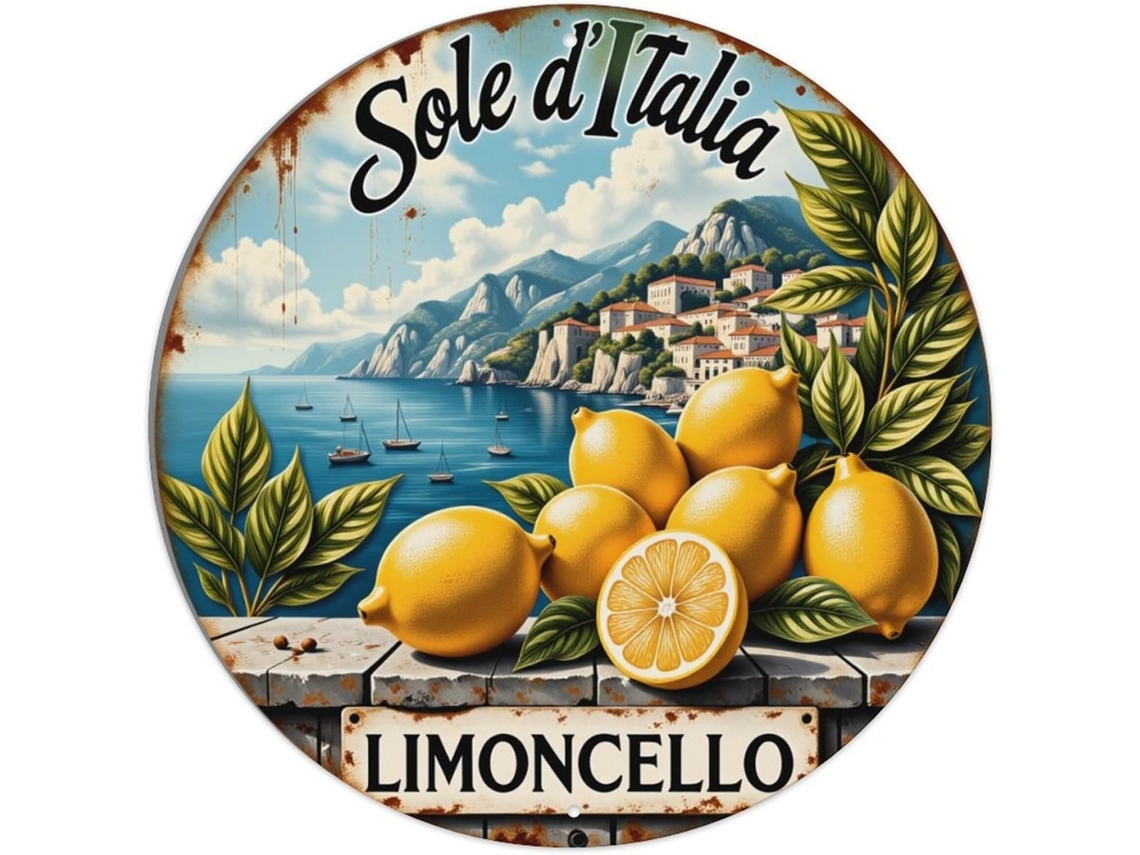 Placa Metálica Redonda Retrô Sole D'italia Limoncello Com Limões, Montanhas, Mar E Vila Metal