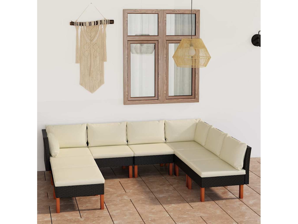 Vidaxl 8 Pcs Conjunto Lounge De Jardim C/ Almofadões Vime Pe Preto