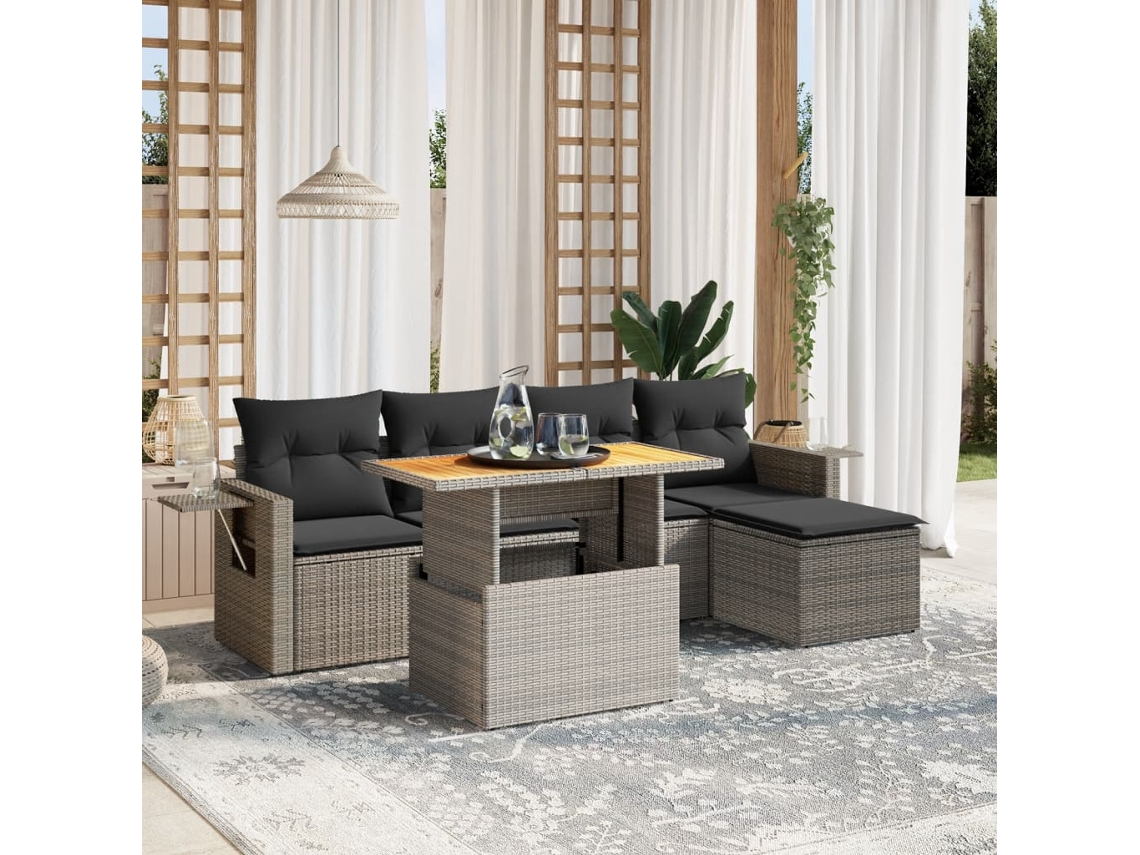 Vidaxl 6 Pcs Conjunto Sofás De Jardim Com Almofadões Vime Cinzento
