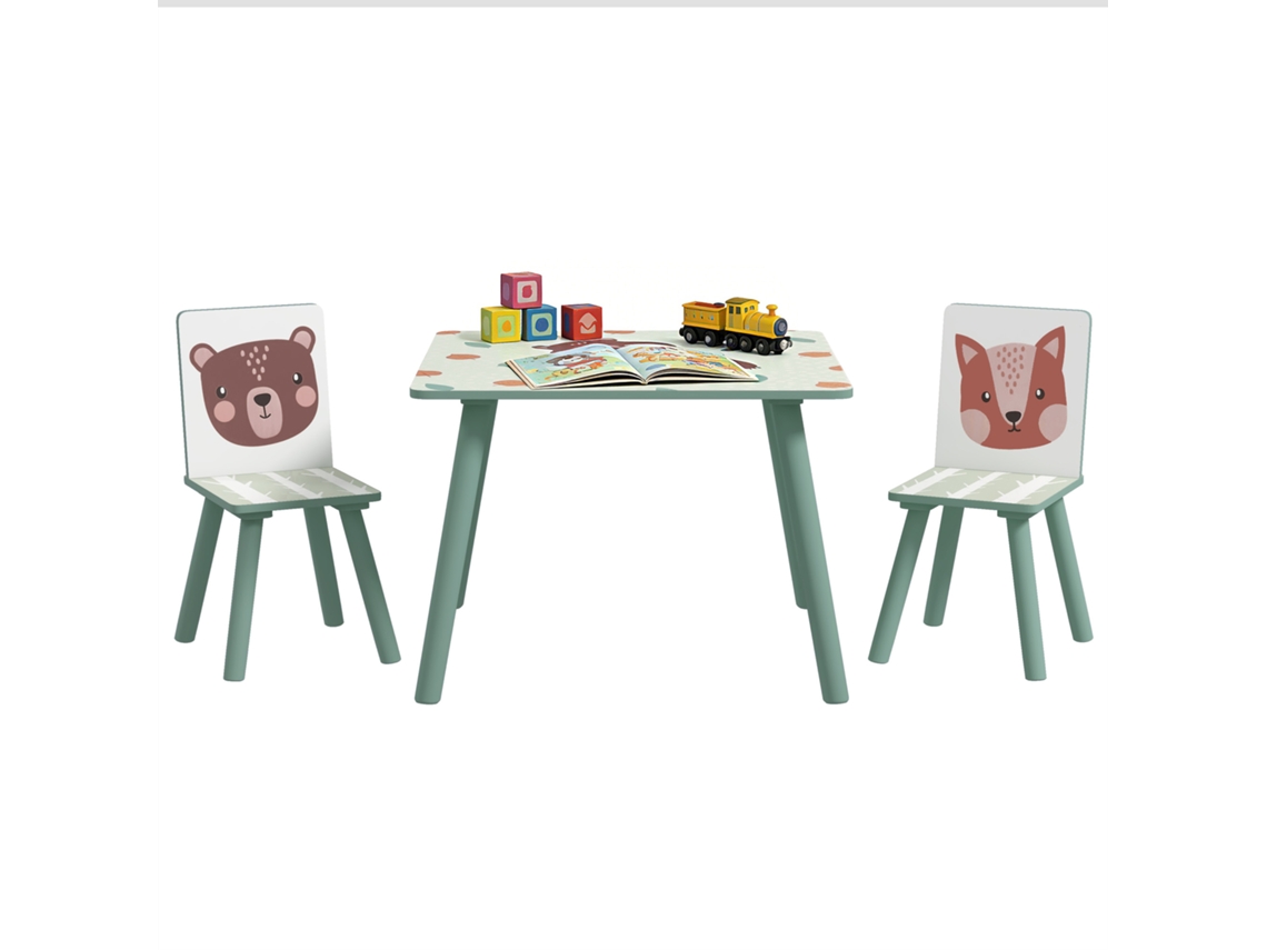 Conjunto Três Peças, Mesa E Duas Cadeiras Infantis 3-8 Anos Motivo Animais Para Quarto E Sala De Jogos Verde