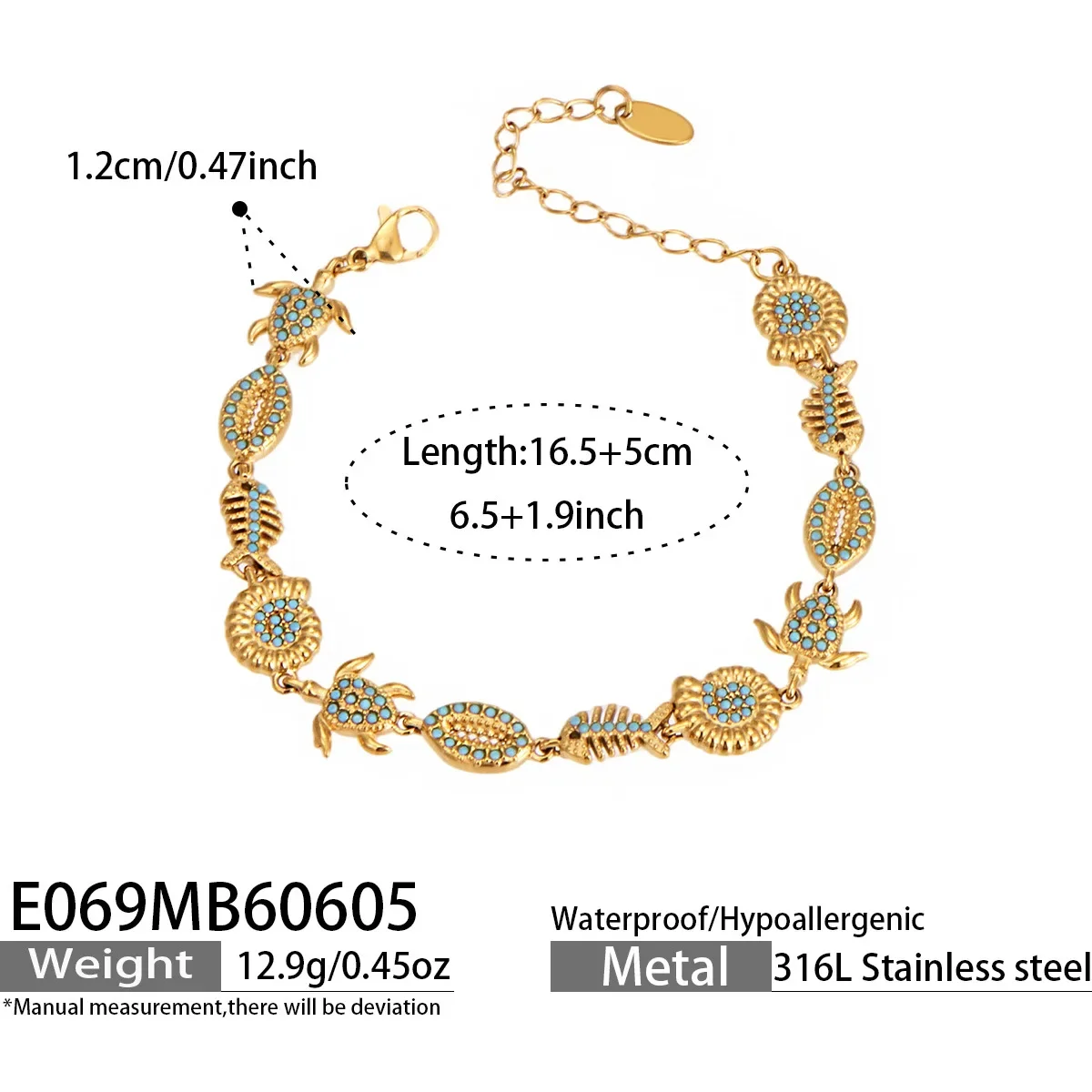 Pulseira Ocean Series Em Aço Inoxidável Banhado A Ouro Com Turquesa Incrustada