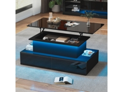 Mesa De Centro Preta Moderna De Alto Brilho Com Iluminação Led E 4 Gavetas - Mesa Lateral Estilosa 90x55x41 Cm Com Capacidade Para Até 30 Kg Cs