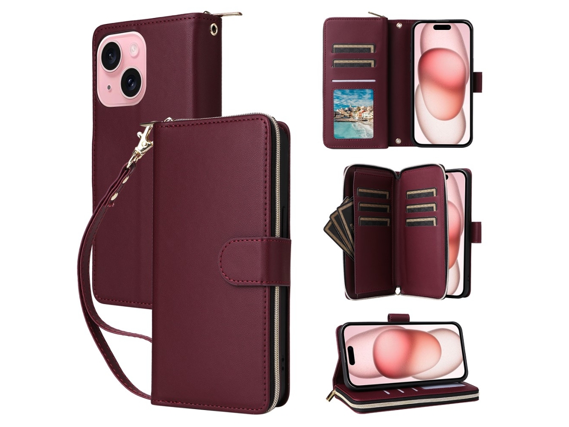 Capa Para Iphone 15 Pele Sintética Com Porta-cartões Vermelho