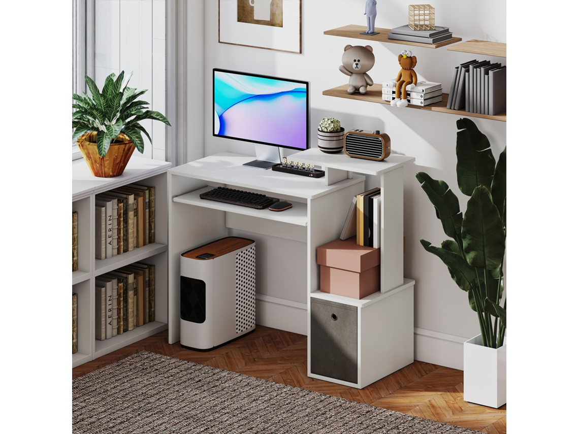 Mesa Multimídia Com Prateleiras E Cesto Para Teclado, Aglomerado Cinza Branco