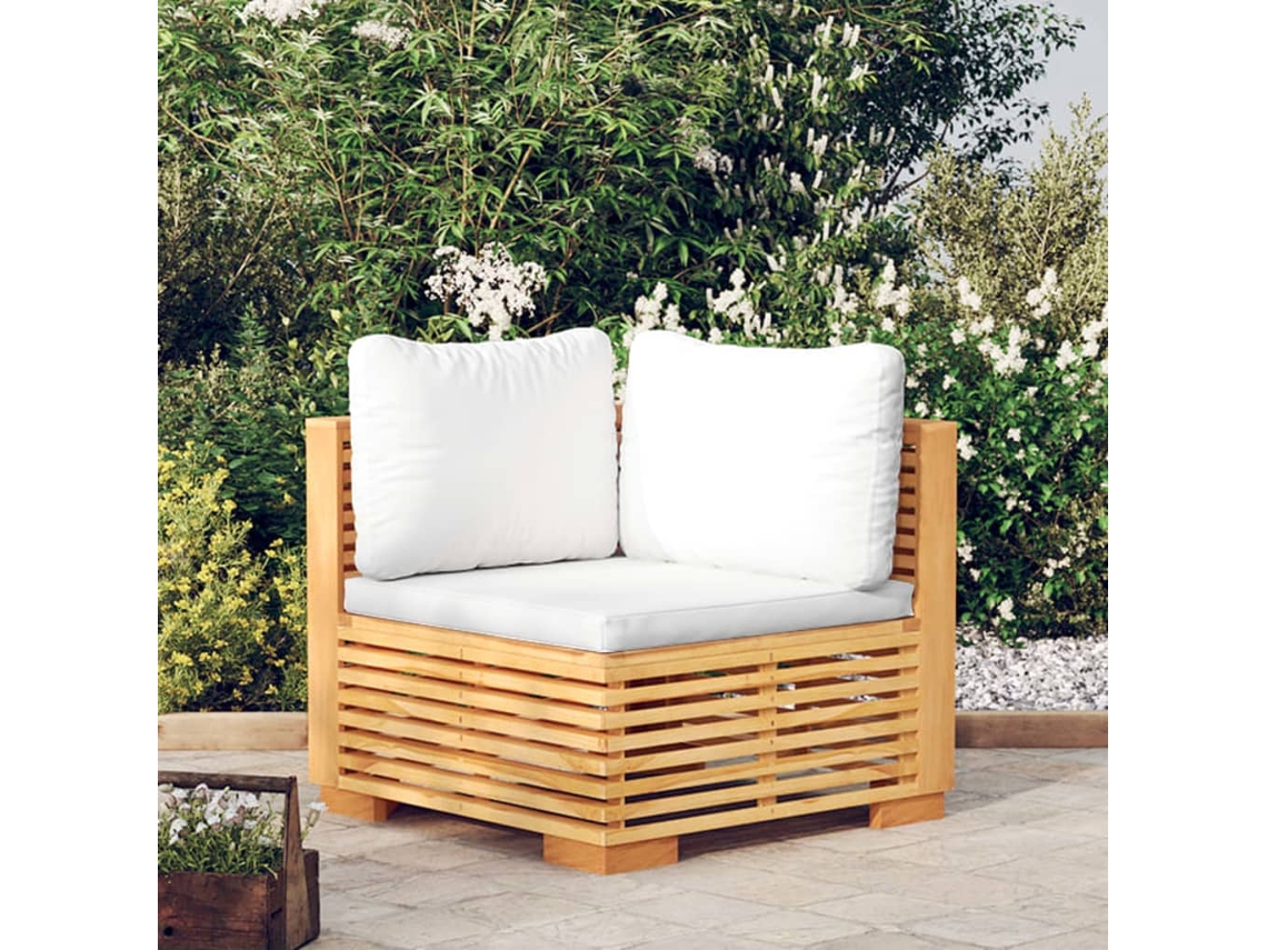 Vidaxl Sofá De Canto P/ Jardim C/ Almofadões Cor Creme Teca Maciça
