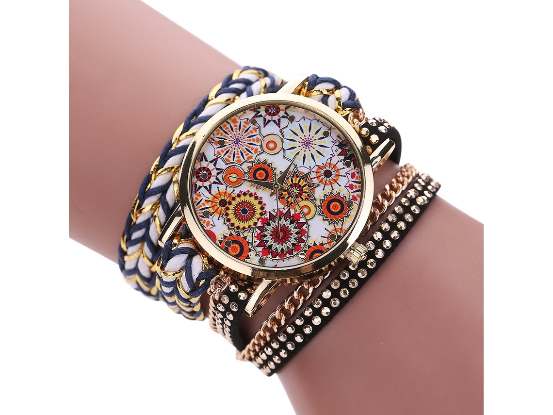 Relógio de Pulso Feminino de Pulseira Tecida Múltiplas Camadas com Mostrador Floral Azul