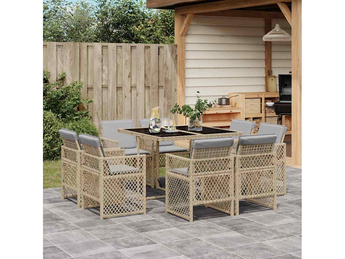 Vidaxl 9 Pcs Conj. Jantar Jardim C/ Almofadões Vime Pe Bege Misturado