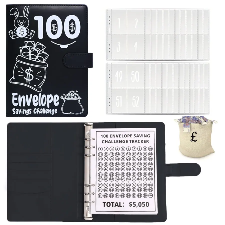 (conjunto Preto, A5) Organizador De Orçamento E Poupança Com Envelopes Para Dinheiro - Desafio Dos Envelopes
