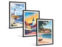 Composição De Quadros Na Parede Vistas Da Cidade De Ustka, Tarnów E Sopot Moldura Preta Fotos Para O Escritório Espelharte (3 Piezas De 40x60 Cm)