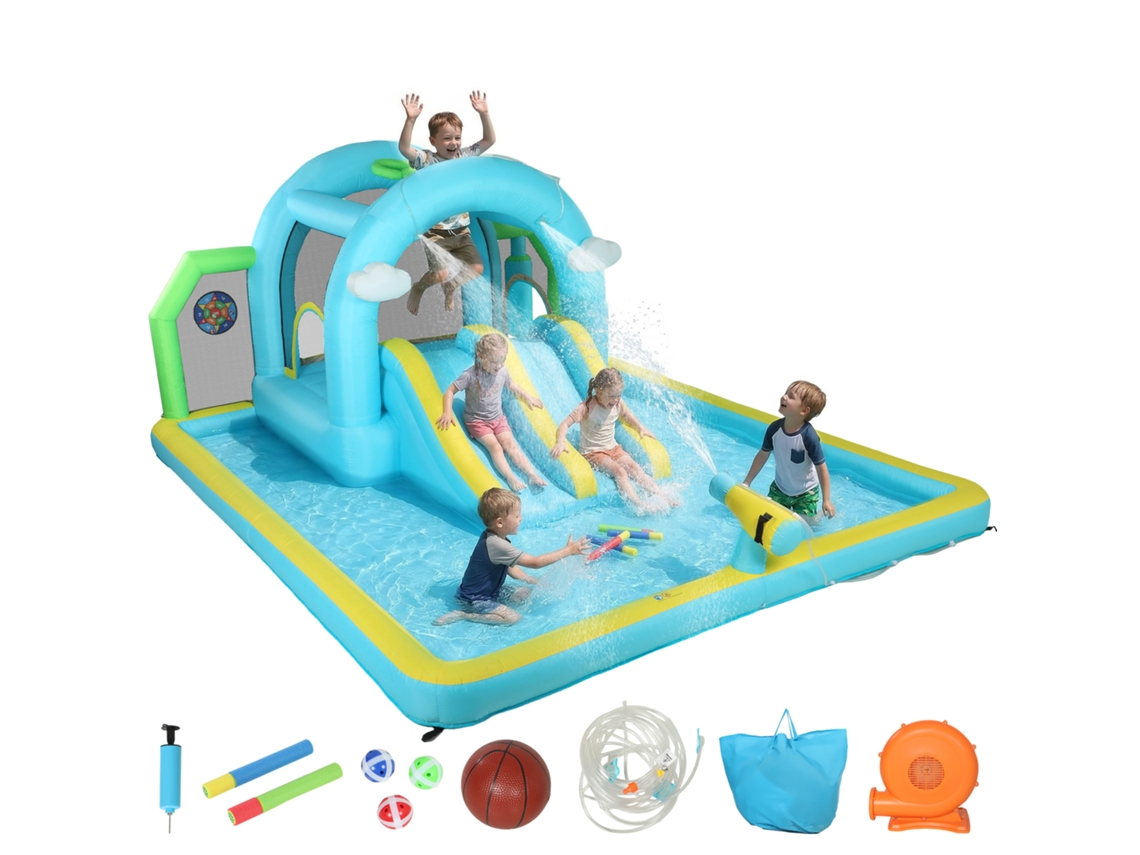 Castelo Aquático Inflável 7 em 1 com Soprador, 2 Escorregadores, Trampolim, Piscina, Cesta de Basquete e Coluna de Boxe (426x360x198 Cm)
