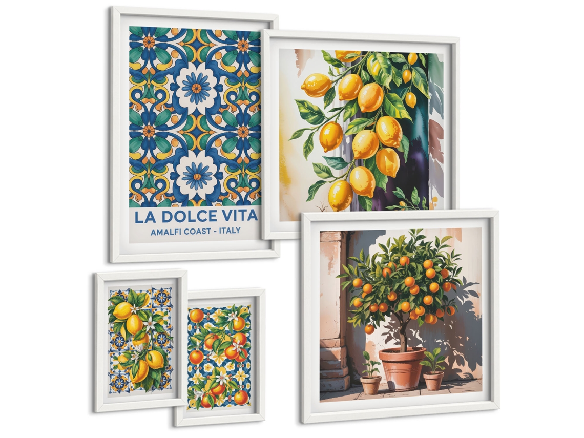 Composição De Quadros Na Parede Limões, Limonada, Portas Azuis Moldura Branca Quadros Para O Escritório Espelharte (conjunto De 5 Imagens)
