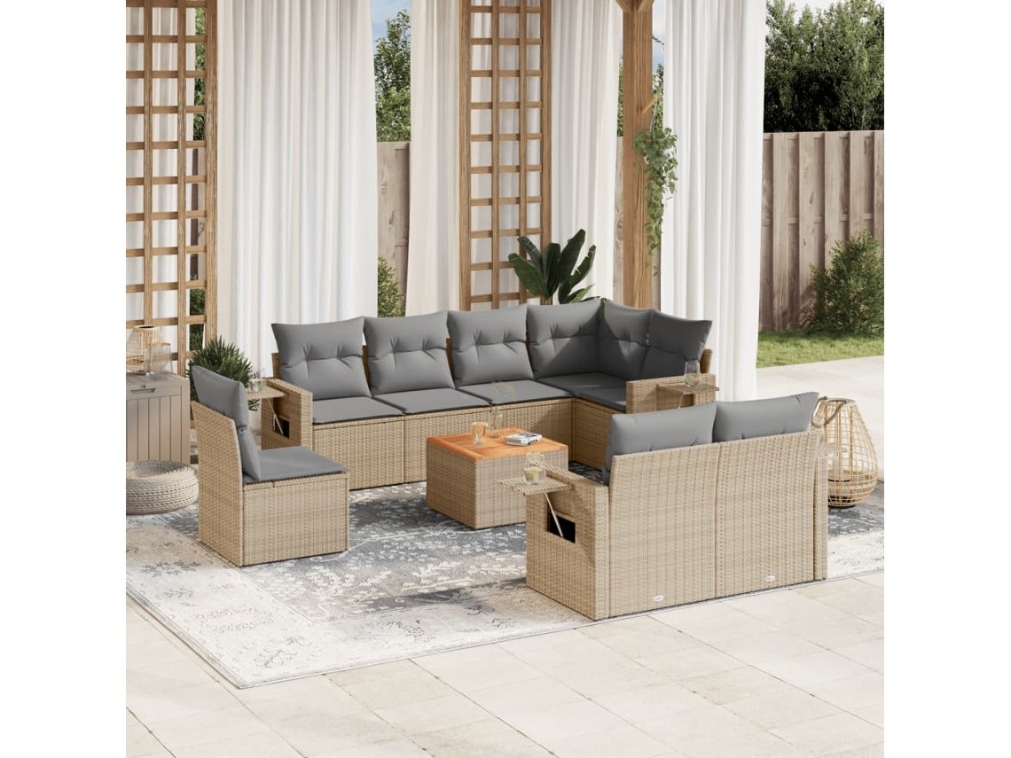 Vidaxl 9 Pcs Conjunto De Sofás P/ Jardim Com Almofadões Vime Pe Bege