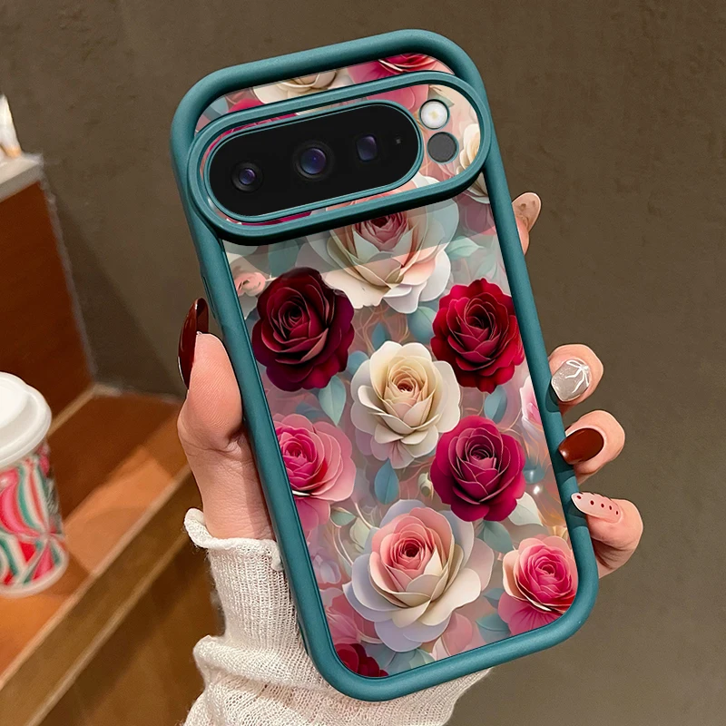 Capa De Tpu Macia Para Google Pixel 9 Pro (azul) Com Estampa Floral De Rosas Vermelhas À Prova De Choque.