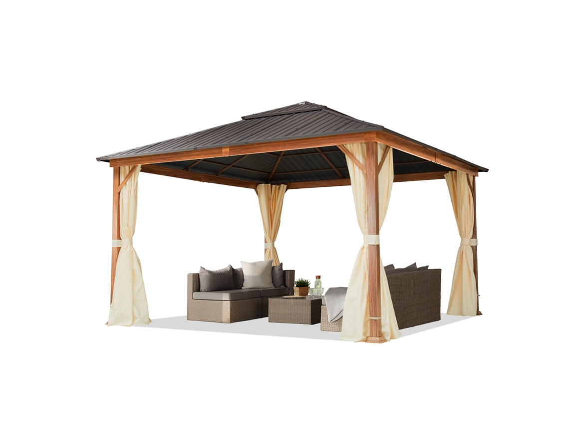 Gazebo De Jardim 4x4 M, Aparência De Madeira, Teto Sólido, 4 Cortinas Em Champanhe Toolport