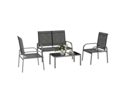 Conjunto Externo De 4 Peças Com Mesa De Centro, 2 Cadeiras E Sofá Com Encosto Ajustável, Em Aço E Tecido Preto.
