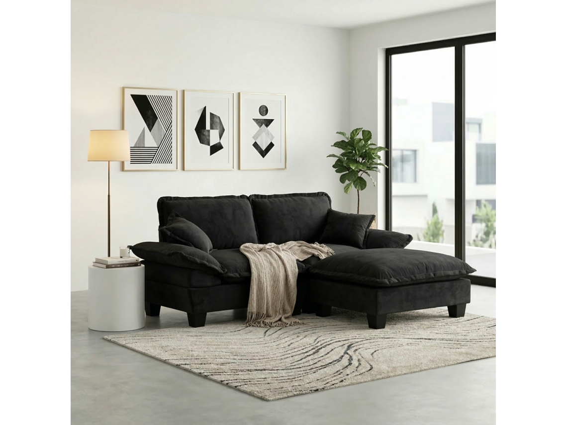 Sofá De Canto Modular Cloud Em Chenille Com Puff Móvel E 2 Almofadas Preto