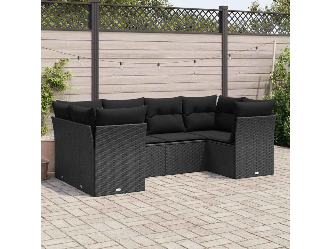 Vidaxl 6 Pcs Conjunto Sofás De Jardim C/ Almofadões Vime Pe Preto