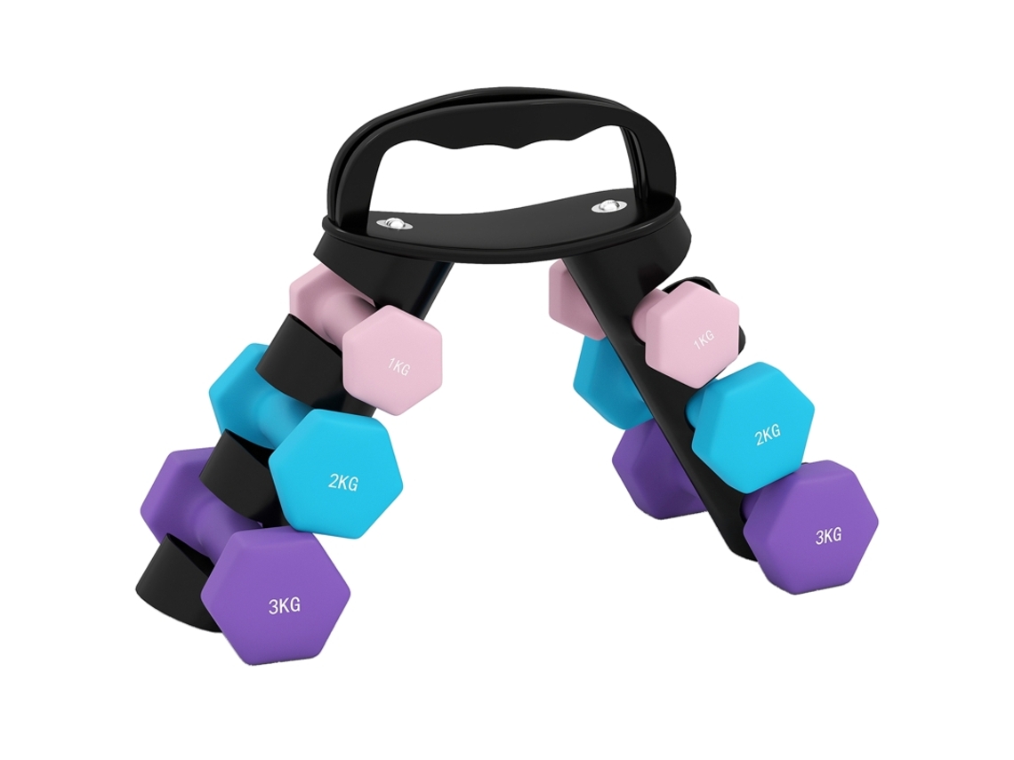 Conjunto De Halteres Com Suporte, 6 Halteres: 2x1kg, 2x2kg, 2x3kg. Para Fitness.