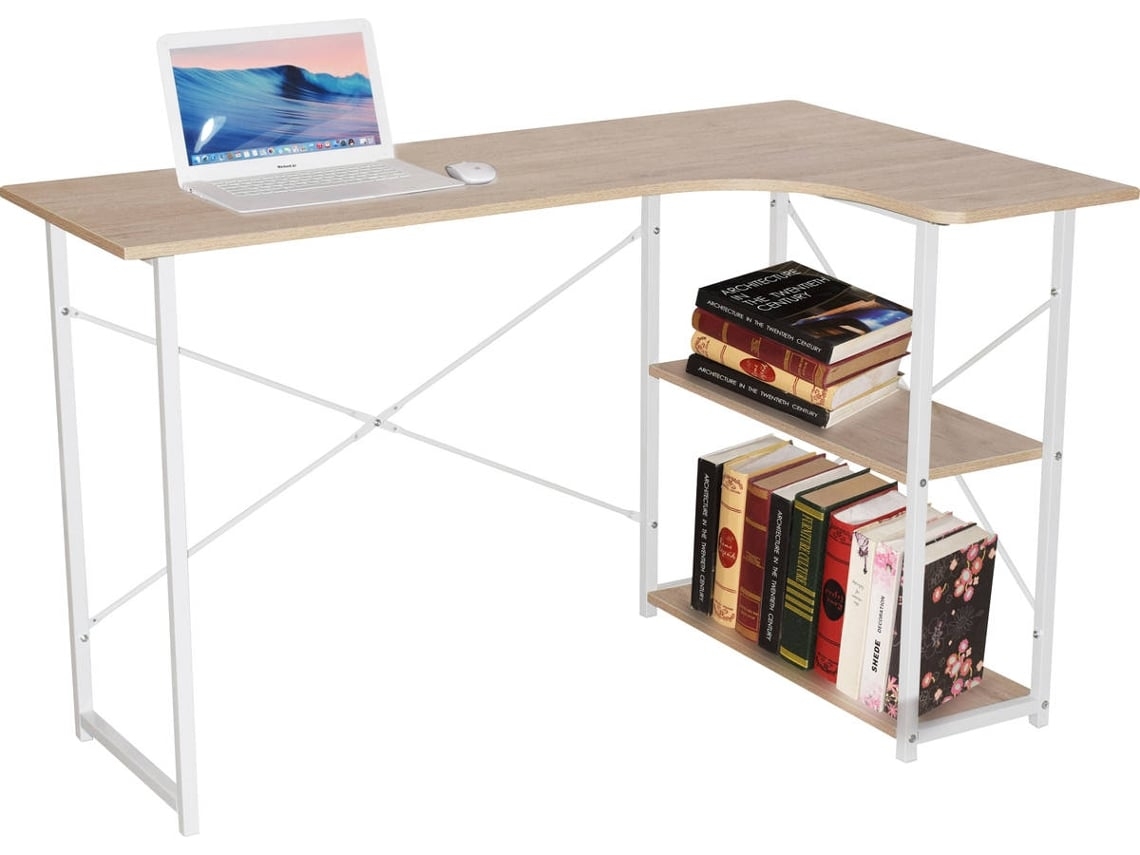 Secretária com Prateleiras MITSAI Odessa Castanho Claro e Branco (Outlet Caixa Aberta - 120x74x74 cm - Madeira e Metal)