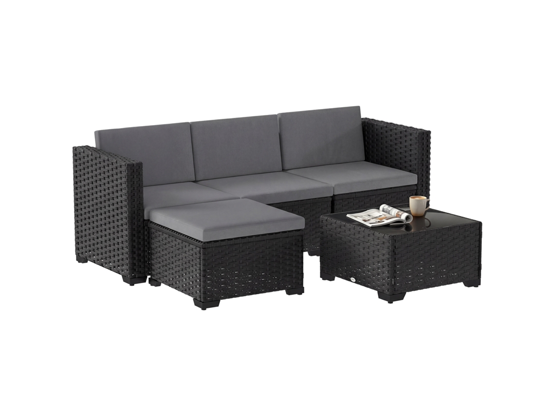 Conjunto de Jardim Vime Modular 5 Peças com Almofadas, Sofá de Canto Cinza QINGYU TECH