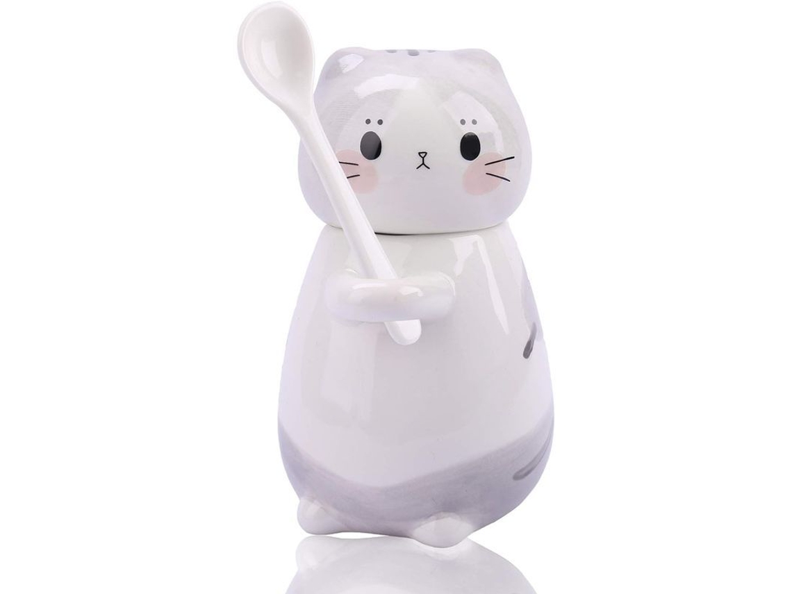 Taza De Cerámica Cute Com Tampa E Colher, Taza De Café Gatito 9 Oz Para Chá Leite Presente De Aniversário Natal Cor Pudding