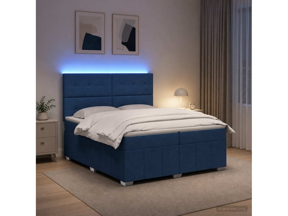 Vidaxl Cama Box Com Led E Colchão Azul 200 X 200 Cm Tecido