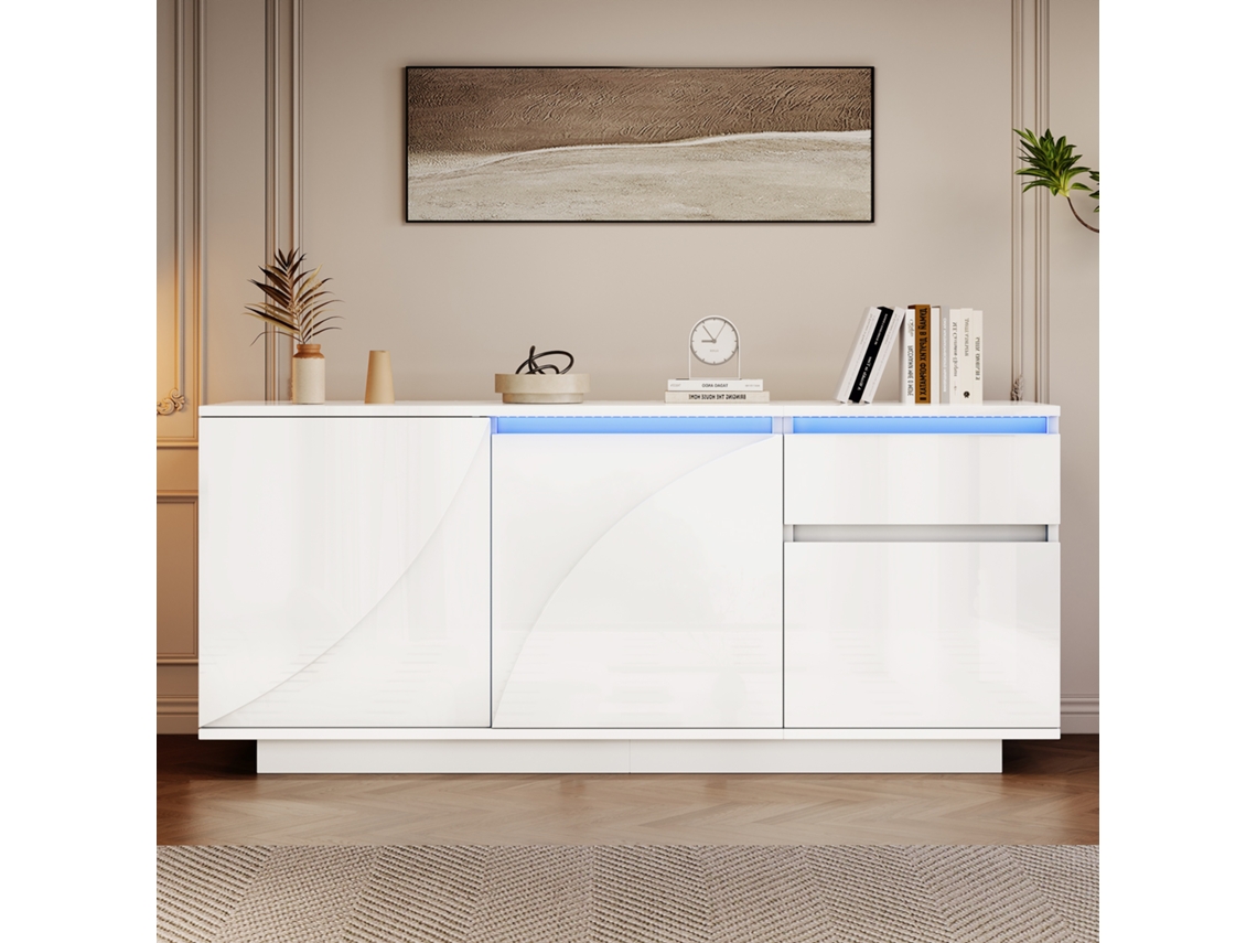 Armário Lateral 140x40x60cm Com 3 Compartimentos,comoda Com Led,1 Gaveta E Prateleiras Ajustáveis Em Mdf Branco Mega Echo Trade Shop