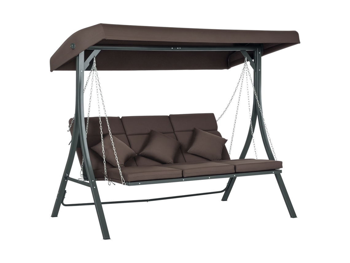 Swing de Hollywood para 3 pessoas, cobertura solar ajustável, até 270kg, 198x118x168cm, marrom