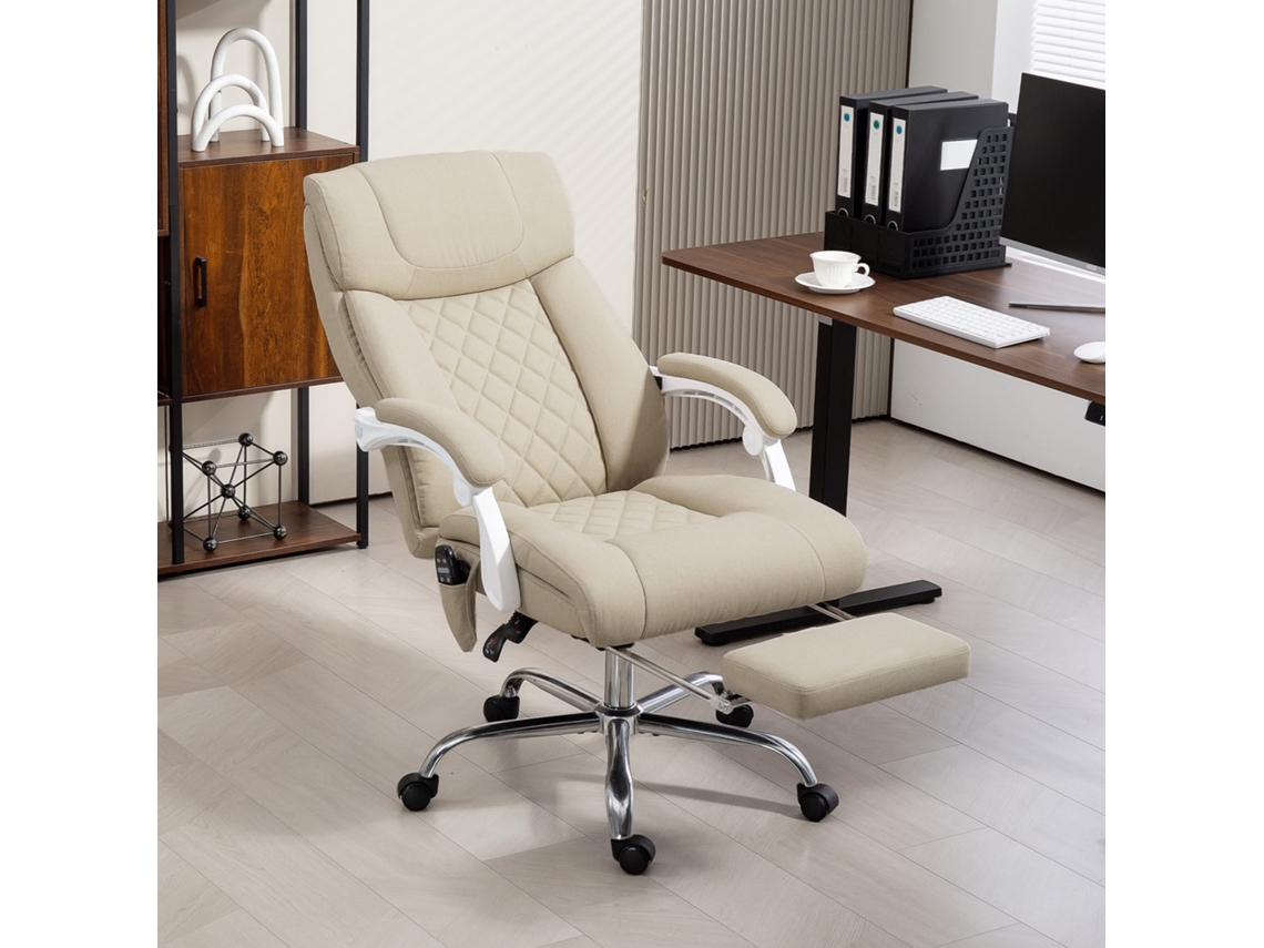Cadeira De Massagem De Escritório Reclinável 66x70x112-120cm Bege Com Costas Altas, Apoio De Pés E Rodas