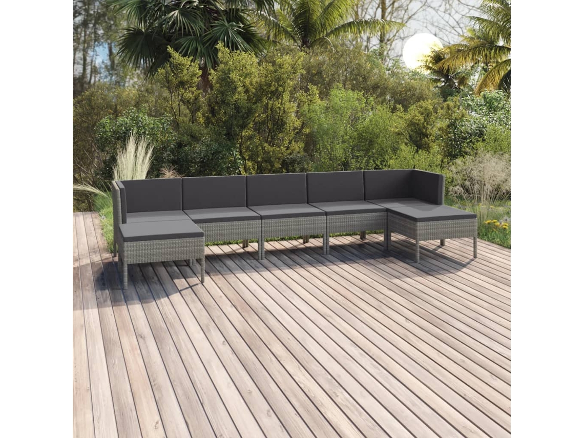 Vidaxl 7 Pcs Conjunto Lounge De Jardim C/ Almofadões Vime Pe Cinzento