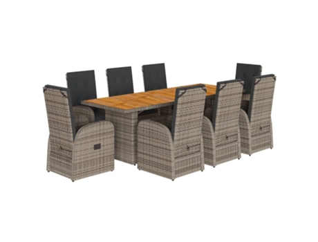 9 Peças Conjunto De Jantar Para Jardim Com Almofadões Vime Pe Cinza Clicnbuy