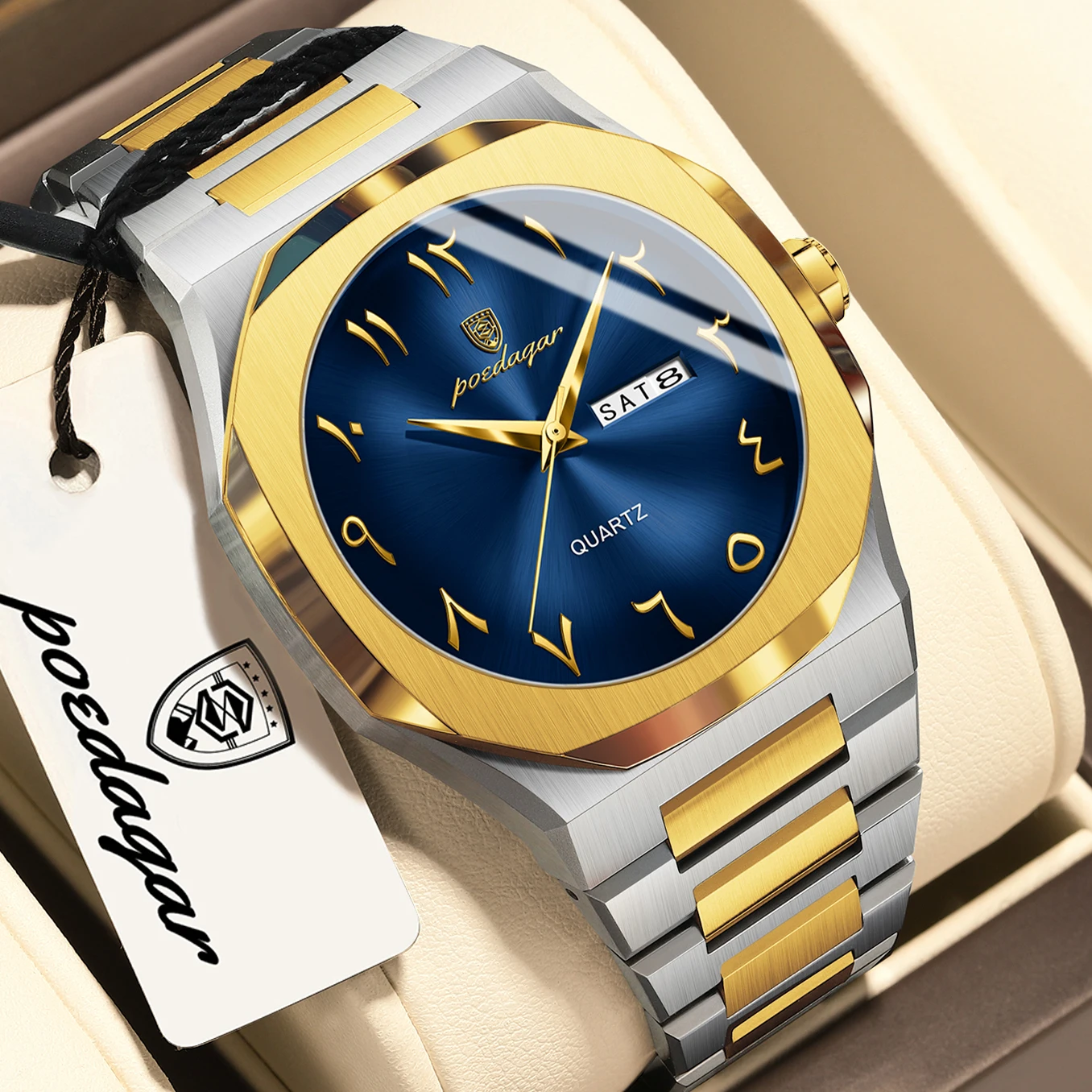 Relógio Masculino Clássico Original (Dourado e Azul), À Prova D'água, Com Dia E Data, Relógio Masculino Elegante.