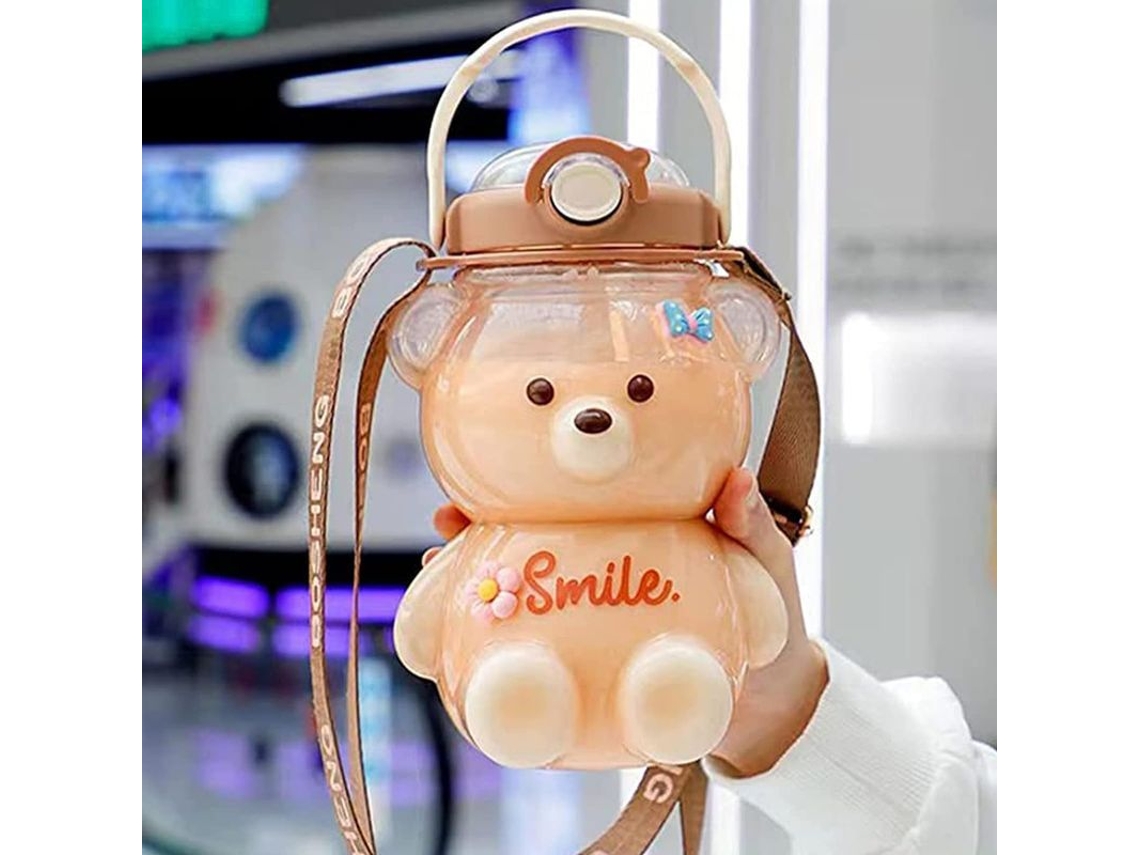 2026 botella de Água Linjou de 1l em Forma de Urso, com Canudo e Correia, Portátil e Resistente para Adolescentes e Meninas (marrom)